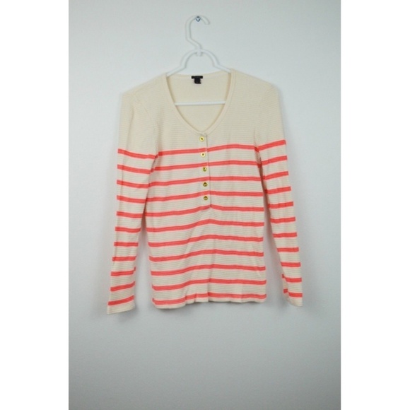 J CREW White Neon Pink Striped Thermal Henley - Picture 2 of 4